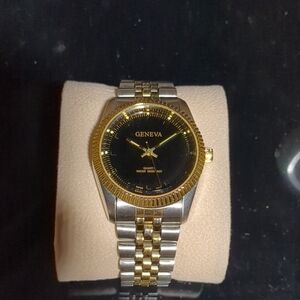 Geneva Men's Gold and Silver Watch with Black Dial